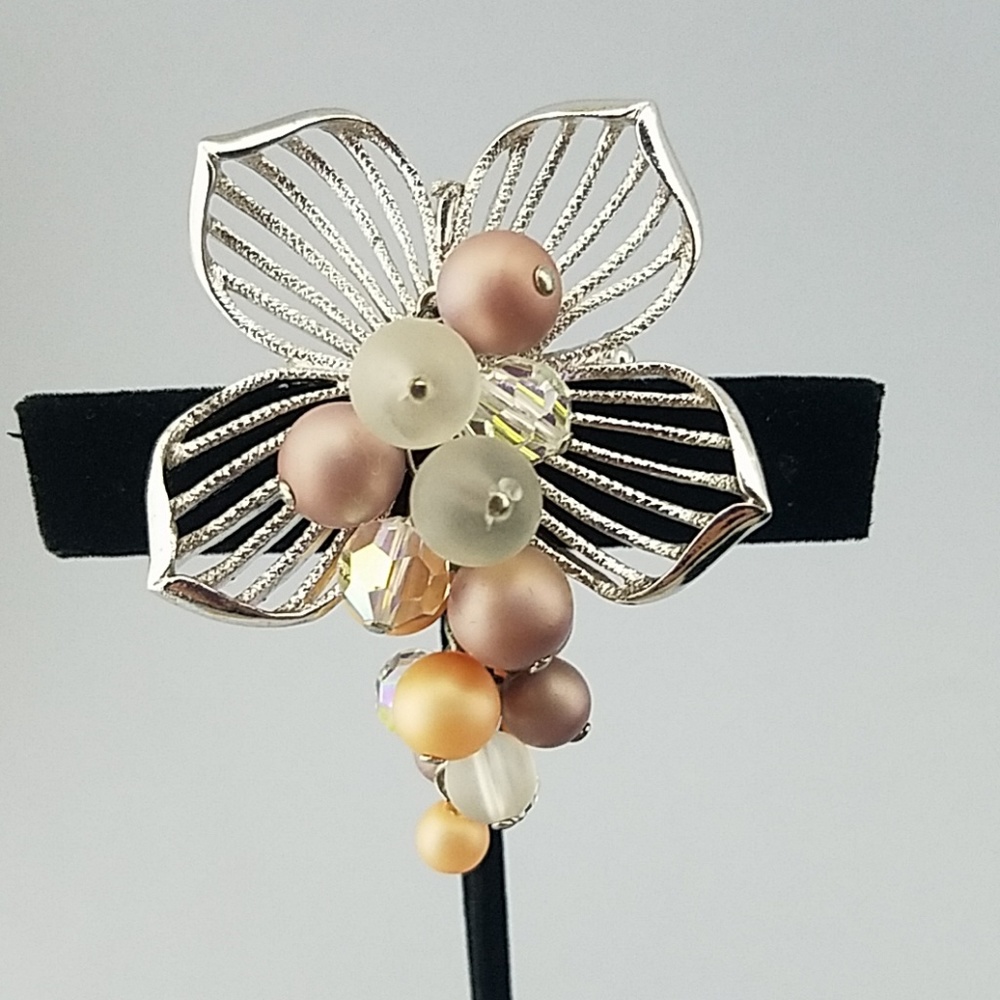 Park Lane Brooch Silver Flower Crystal & Pearl